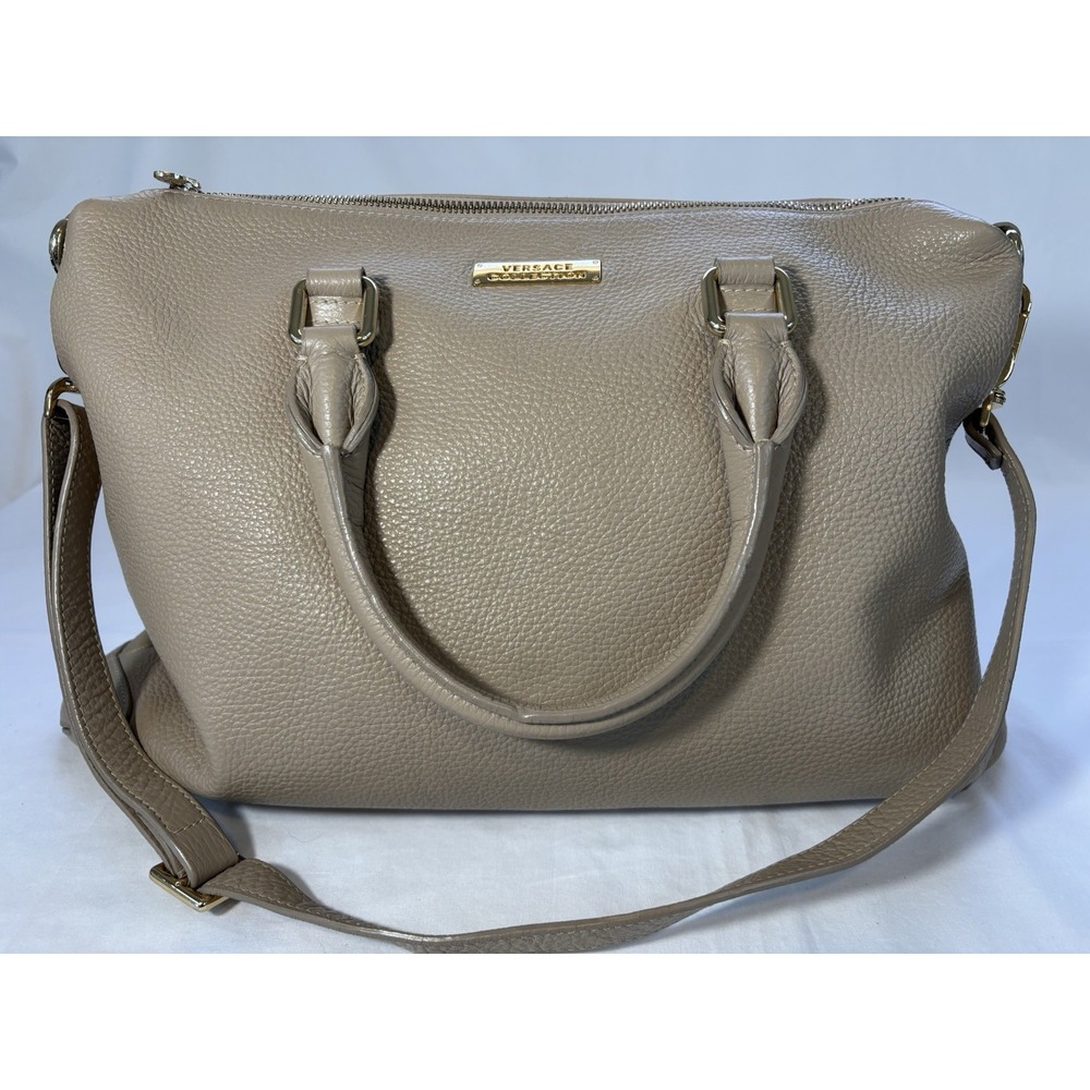 Versace Collection Leather Shoulder Convertible Taupe/Tan Handbag